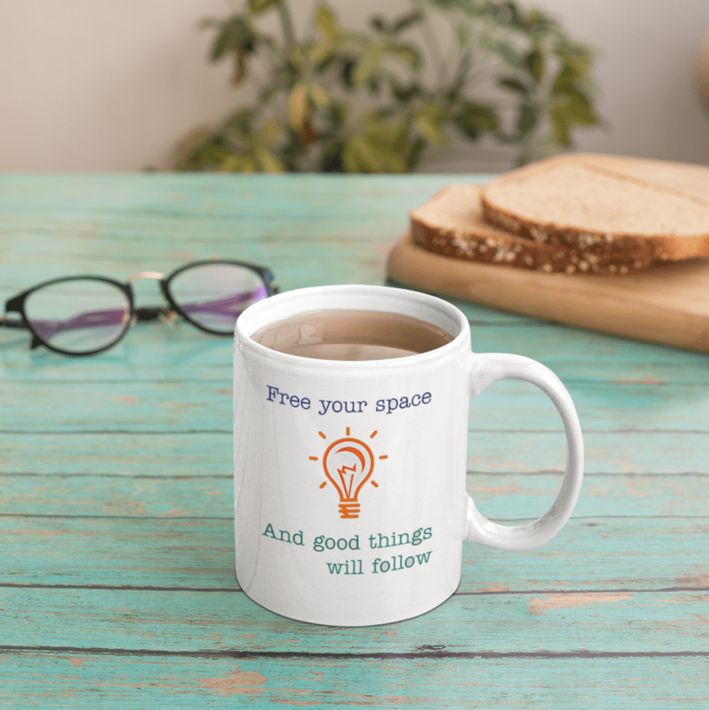 Custom mug on wooden table with glasses and sandwich